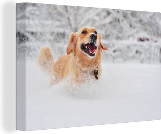 Canvas Schilderij Hond - Sneeuw - Winter - 90x60 cm - Wanddecoratie