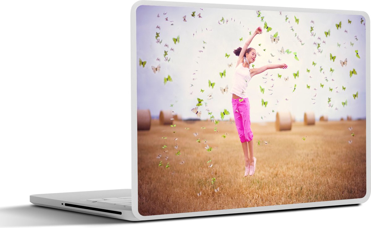 Afbeelding van product SleevesAndCases  Laptop sticker - 11.6 inch - Meisje springt in een geoogst veld omringd door vlinders