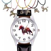 Horloge-Paard-Zwart-Leer-Met Paard Ketting-Extra Batterij-Charme Bijoux