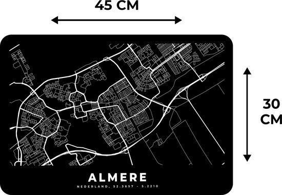 Placemat - Placemats kunststof - Almere - Kaart - Zwart - 45x30 cm - 6 stuks - Hittebestendig - Anti-Slip - Onderlegger - Afneembaar