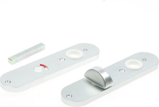 Twee zilverkleurige deurklinkschilden, waarvan één met een draaischijf voor vrij/bezet indicatie.