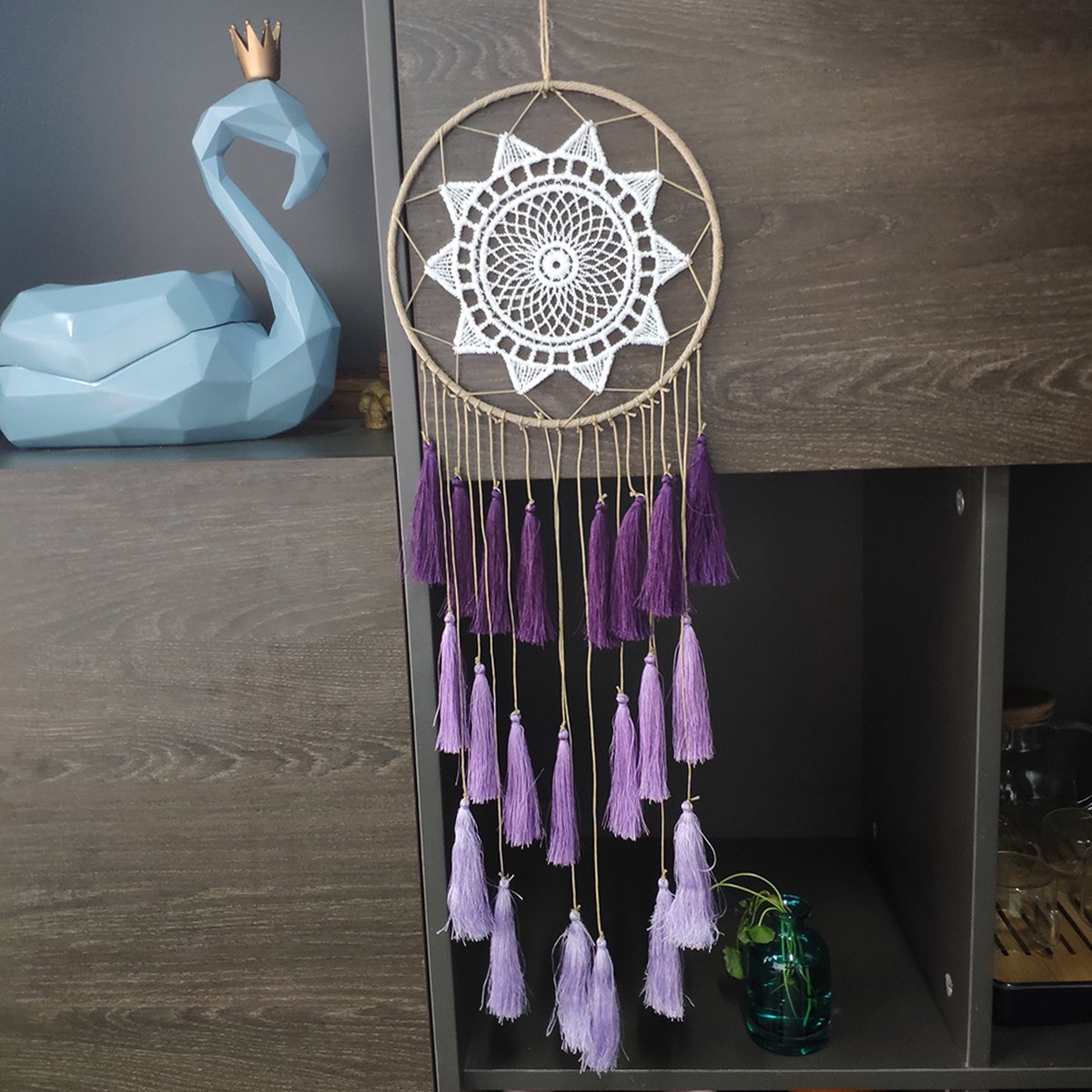 Handgemaakte paarse dromenvanger boho babymeisje kinderkamer decor muur opknoping kinderkamer decoratie kraamcadeau pasgeboren kamer kunst verjaardag - België