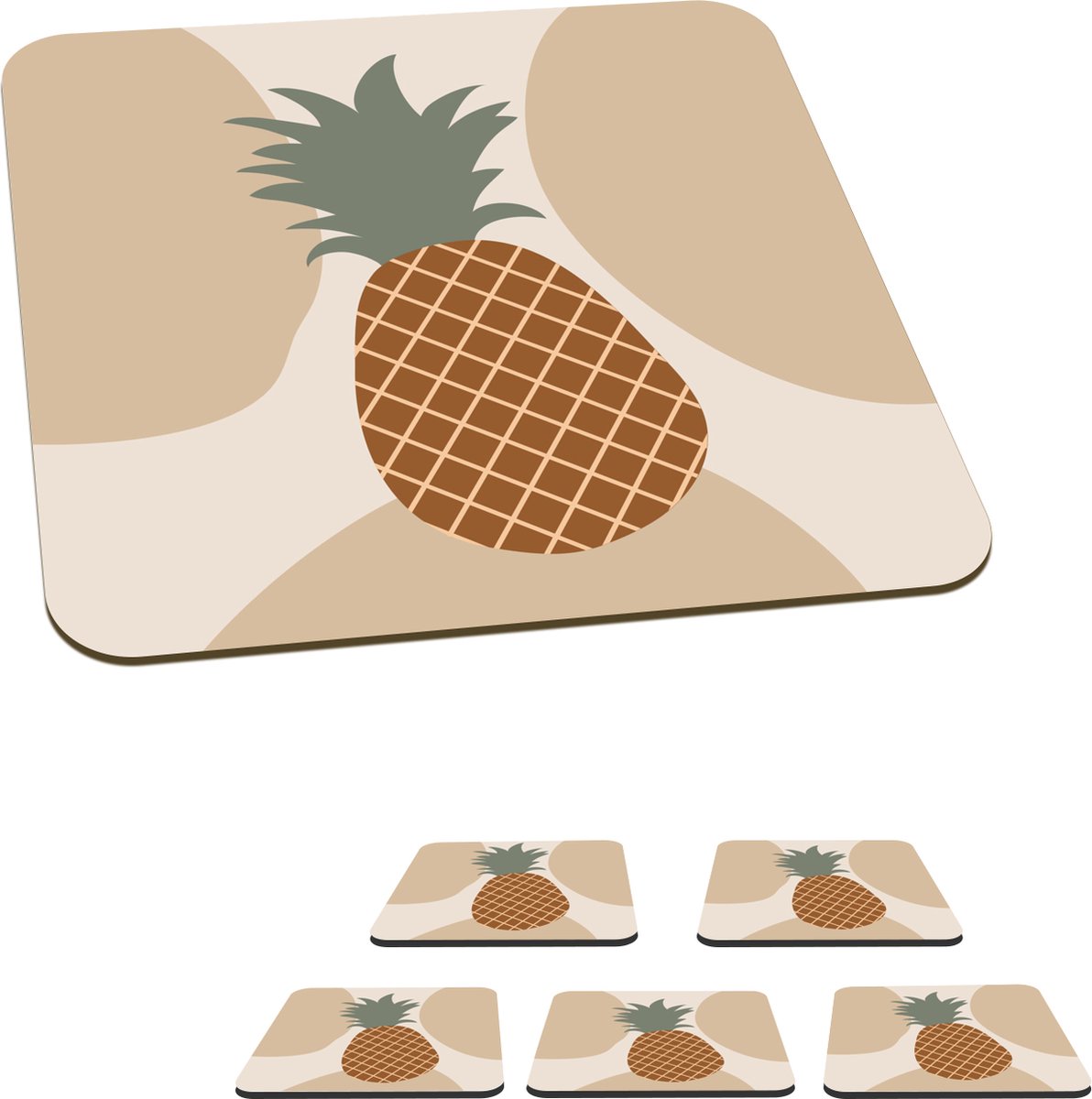 Onderzetters voor glazen - Fruit - Pastel - Ananas - Zomer - 10x10 cm - Glasonderzetters - 6 stuks
