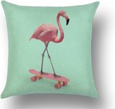 Kussensloop - Flamingo op skateboard - mintgroen - 45x45 cm