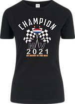 Dames T-shirt zwart Champion MV 2021 | race supporter fan shirt | Formule 1 fan kleding | Max Verstappen / Red Bull racing supporter | wereldkampioen / kampioen | racing souvenir | maat S
