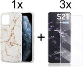 Samsung S21 Ultra Hoesje - Samsung Galaxy S21 Ultra Hoesje Marmer Wit Siliconen Case - 3x Samsung S21 Ultra Screenprotector UV