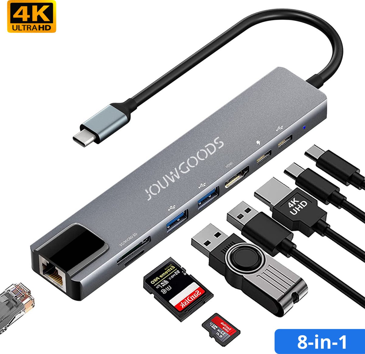 JouwGoods® 8-in-1 USB C Hub - Adapter - Splitter - Docking Station Laptop - 2x USB - 4K HDMI - USB-C Oplader - Micro SD/TF - Power Delivery - Gray