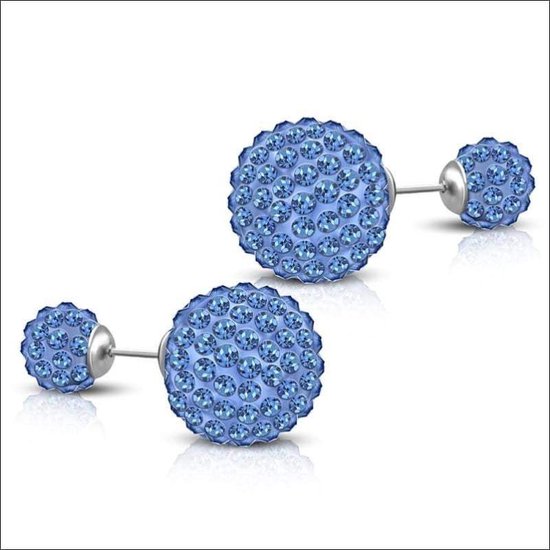 Aramat jewels ® - Shamballa dubbele oorstekers blauw zilverkleurig staal 8mm 14mm