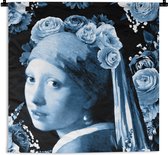 Wandkleed - Wanddoek - Meisje met de parel - Rozen - Blauw - 60x60 cm - Wandtapijt