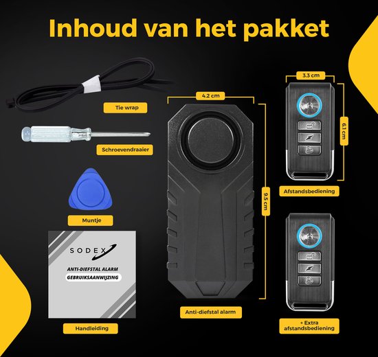 Inhoud van het pakket: Sodex fietsalarm, twee afstandsbedieningen, tie wrap, schroevendraaier en muntje.