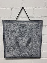 Wanddecoratie bord - buffel schedel - vierkant - 40x40x1.5cm -metalen frame - houten bord - Woonaccessoires