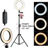 Rocketshoppers- 2700k-5500k LED Selfie Ringlamp - met 55 -160cm in hoogte Uitschuifbare Statief - Dimbaar - Incl. Telefoonhouder -  3 Lichtstanden en Helderheidsniveaus