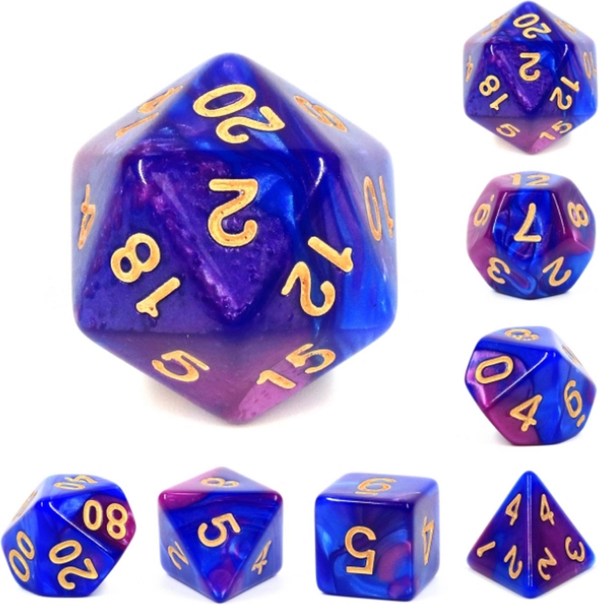 Polyset Dice | Dobbelstenen - Set Van 7 Stuks - Blauw Paars Marmer Parelmoer Goud | Voor D&D en Andere Rollenspellen | Plastic Dobbelstenen Set voor Dungeons and Dragons | Polyhedral Dice Set | Met Mooie Zwarte Velvet Dice Bag voor Ongeveer 3 Sets