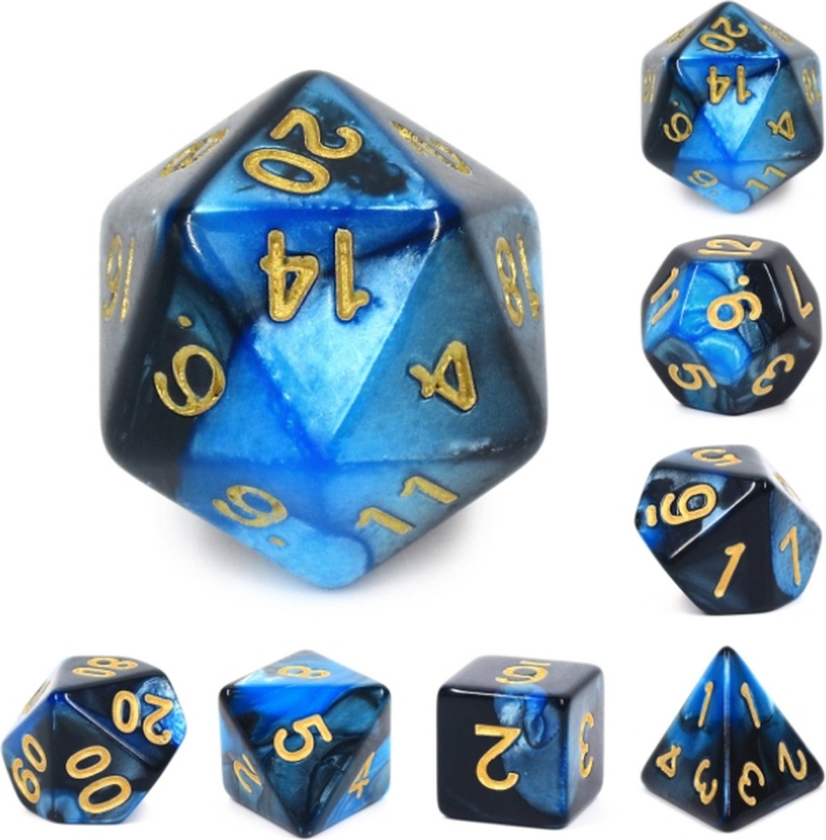 Polyset Dice | Dobbelstenen - Set Van 7 Stuks - Blauw Zwart Marmer Parelmoer Goud | Voor D&D en Andere Rollenspellen | Plastic Dobbelstenen Set voor Dungeons and Dragons | Polyhedral Dice Set | Met Mooie Zwarte Velvet Dice Bag voor Ongeveer 3 Sets