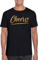 Cheers t-shirt zwart met gouden glitter tekst heren - Oud en Nieuw / Glitter en Glamour goud party kleding shirt M