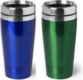 Set van 2x stuks Warmhoudbekers/warm houd bekers metallic groen en blauw 450 ml