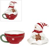 Viv! Home Luxuries Kerstservies kopjes Sneeuwman - set van 2 - wit rood groen - 15cm - topkwaliteit