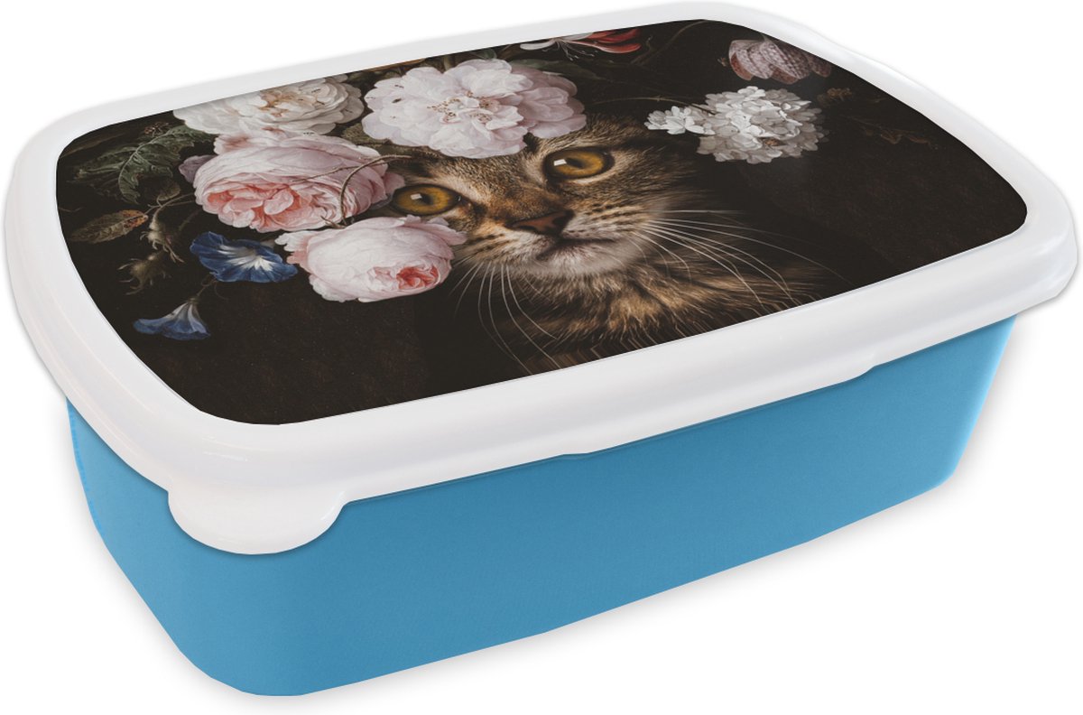 Broodtrommel Blauw - Lunchbox - Brooddoos - Kat - Bloemen - Kunst - 18x12x6 cm - Kinderen - Jongen