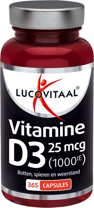 Flesje Lucovitaal Vitamine D3 25 mcg (1000 IE) capsules, met 365 capsules.