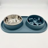 Maison Extravagante - Luxe dinerset hond/kat - dubbele anti-schrok voerbak RVS en siliconen - met drinkbak - Slow feeder - Voederbak - Eetbak - Blauw