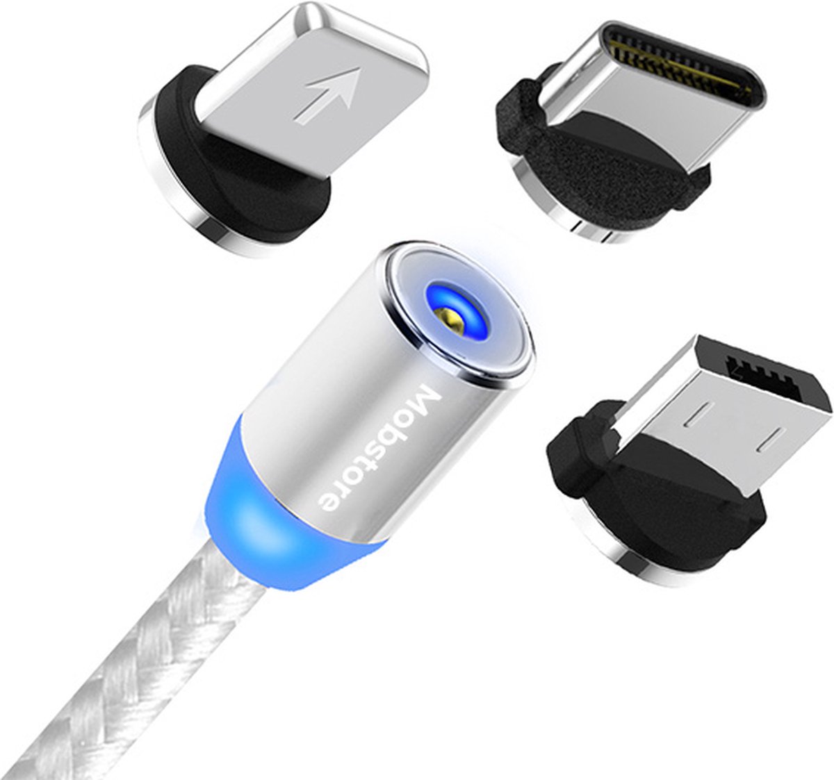 Bol.com Mobstore Magnetische Oplaadkabel - 2 meter - Zilver - 3 in 1 - Snellader - Geschikt voor Lightning / USB-C / Micro USB k... aanbieding