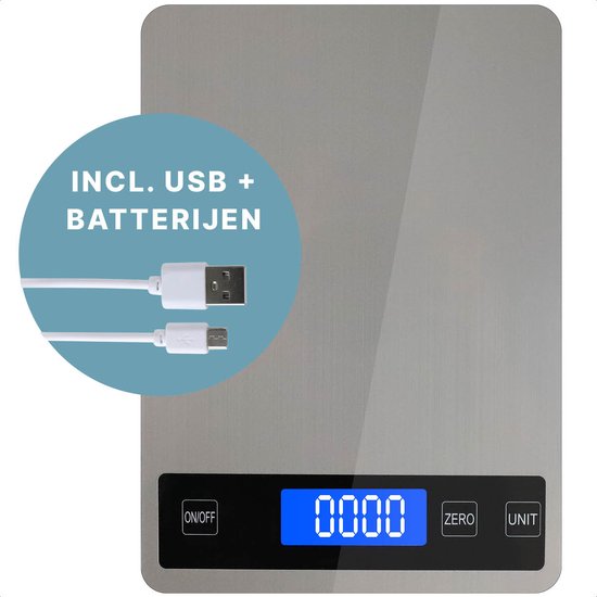 Keukenweegschaal - Digitaal - Weegschaal Keuken - Oplaadbaar - Incl. USB-kabel en Batterijen - Tarra Functie - tot 10 kg - RVS