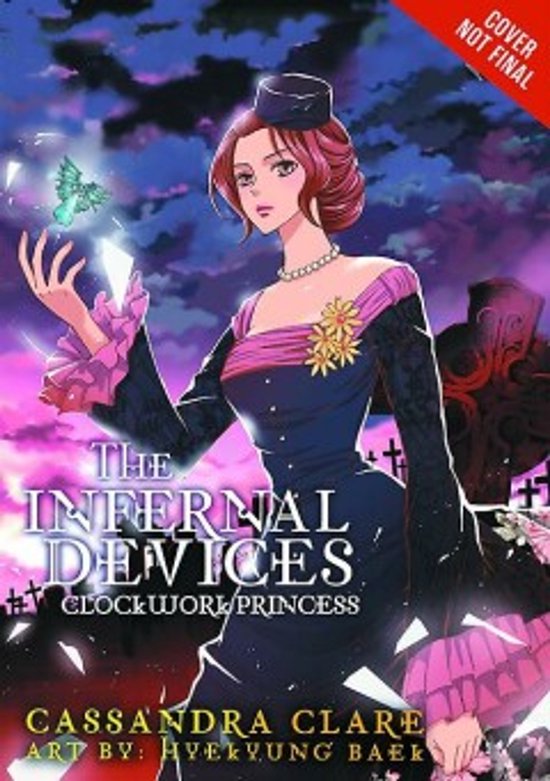 De kaft van 'The Infernal Devices: Clockwork Princess' toont een vrouw in een Victoriaanse jurk met een vlinder op haar hand. De tekst 'Clockwork Princess' is prominent aanwezig.