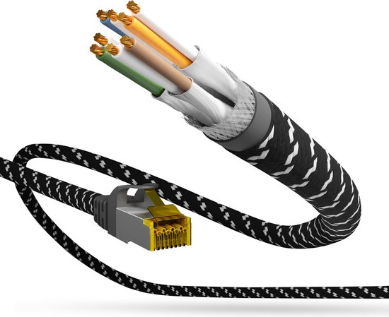 Cat 7 | F/ FTP | Câble réseau | Cordon de brassage | Blindé | Gaine tressée en nylon | 10 Gbit / s | 2 mètres | Noir | Allteq