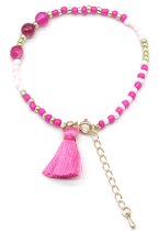 Armband Dames - Glaskralen en Kwastje - Verstelbaar 17-21 cm - Goudkleurig en Roze