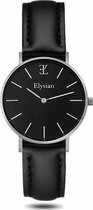 Elysian - Dames Horloge - Zilver Zwart Leer - Waterdicht - 36mm