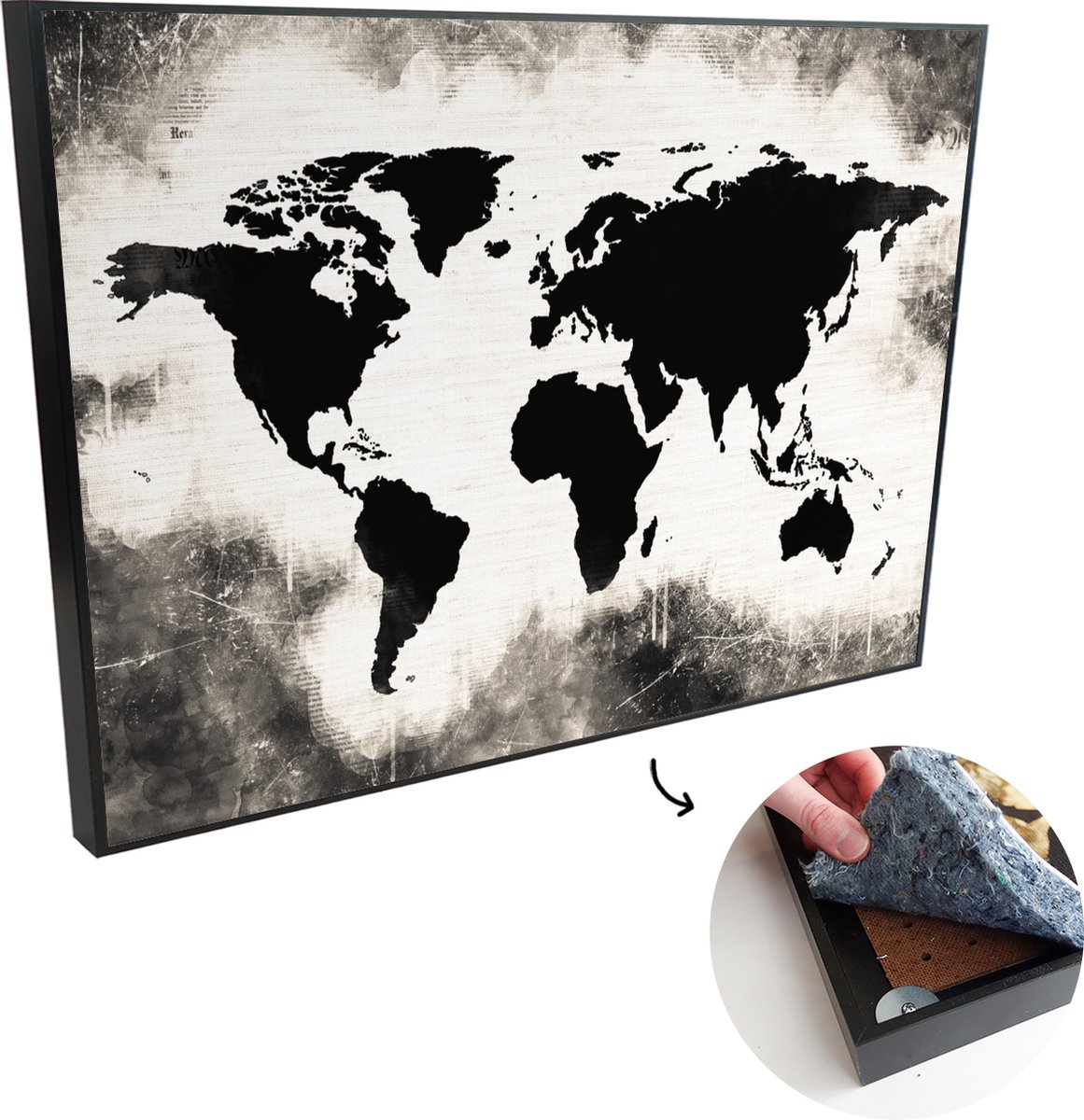 Afbeelding van product OneMillionCanvasses  Akoestische Panelen - Geluidsisolatie - Akoestisch Wandpaneel - Wanddecoratie - Schilderij - 140x90 cm - Wereldkaart - Zwart - Wit - Hout - Geluidsdemper - Isolatie platen