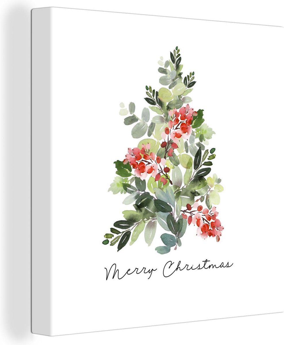 Canvas Schilderij Kerst - Waterverf - Kerstboom - 50x50 cm - Wanddecoratie