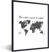 Fotolijst incl. Poster - Wereldkaart - Quotes - Zwart - 30x40 cm - Posterlijst
