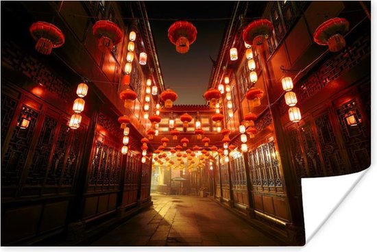 Chinese straat met lampionnen Poster 90x60 cm - Foto print op Poster (wanddecoratie woonkamer / slaapkamer)