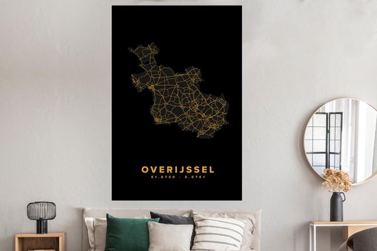 Affiche Overijssel - Carte - Noir et or - Pays- Nederland - 120x180 cm XXL
