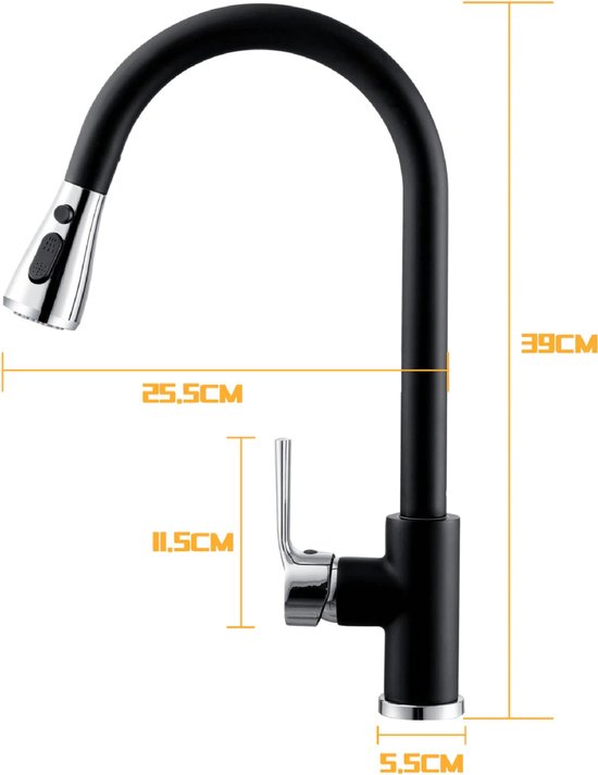 Kraan voor de keuken, zwart, uittrekbaar, koude start mengkraan met douche