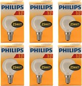 Philips - Gloeilamp - 25Watt - E14 Fitting - Mat - Dimbaar - Kogellamp- Gloeilampen - Kleine Fitting - 25W - E14 - (6 STUKS)