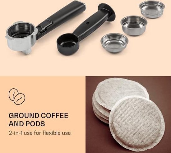 Klarstein Koffiemachine Espresso Pistonmachine met Melkopschuimer, 1,8 L Mini Espressomachine met Piston, 20 Bar RVS Compact, Melkreservoir, 1350 W Koffiemachine voor Gemalen Koffie - Stoompijpje Touch LED - Coffee Machine