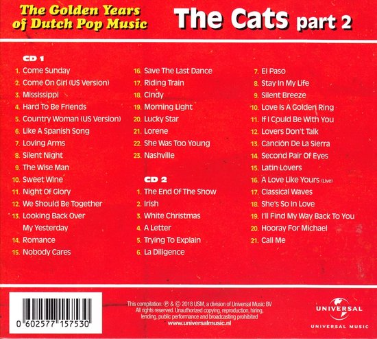 CD-hoes met rode achtergrond en tracklists voor twee cd's van "The Cats part 2".