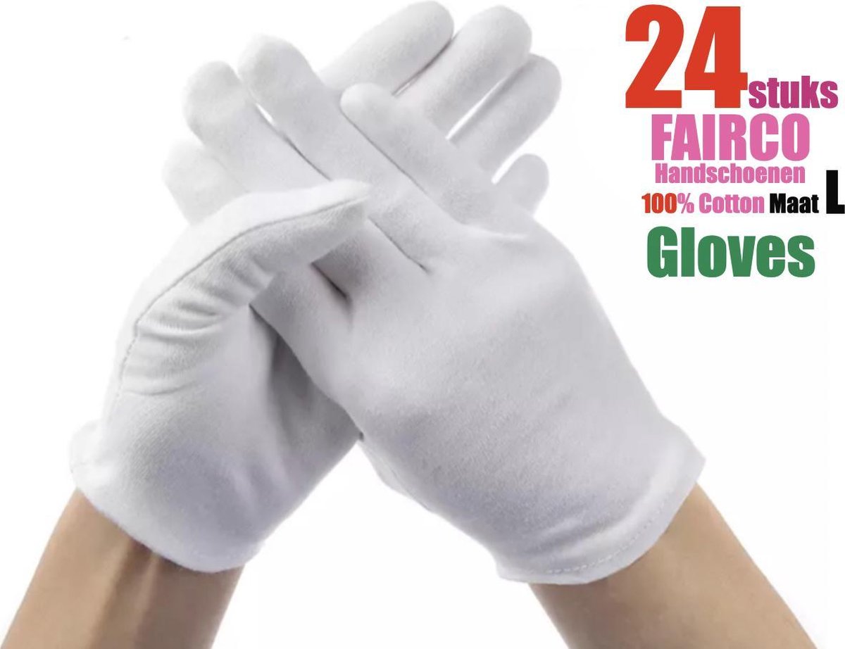24 Stuks katoenen Handschoen – 24PCS White Gloves 12 Pairs Soft 100% Cotton Gloves Coin Jewelry Silver Inspection Gloves Stretchable Lining Glove - Handschoenen Cotton --- Wit -- Maat L - FAIRCO