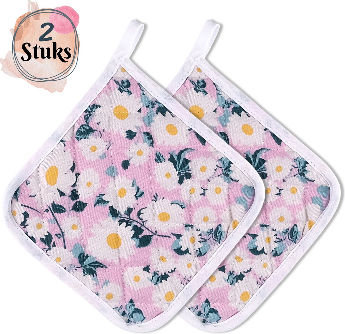 Tavas Mooi Hittebestendige Pannenlappen | 2 Stuks | Katoen, Kerstcadeau, Christmas Gift | roze met Madeliefjes