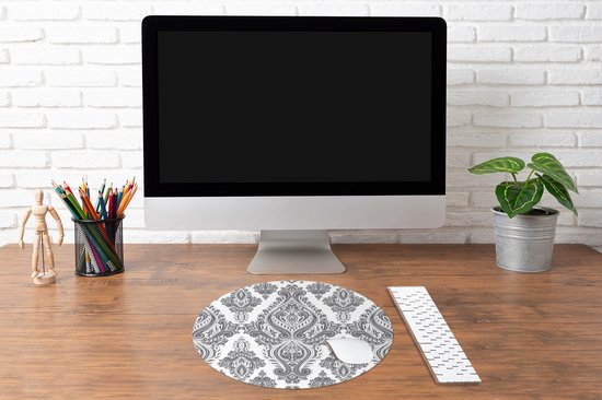 Muismat rond 50x50 cm - Mousepad Patronen - Perzisch Tapijt - Grijs - Wit - Ronde muismatten