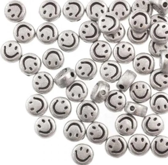 Letterkraal smiley - rond 7mm - zilver zwart - 10 stuks