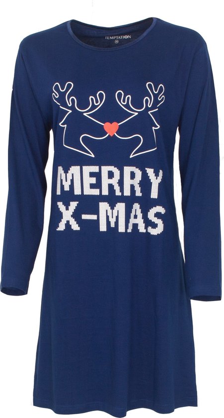 Temptation - Dames Nachthemd - lange mouw - Kerst - Blauw- Maat 3XL