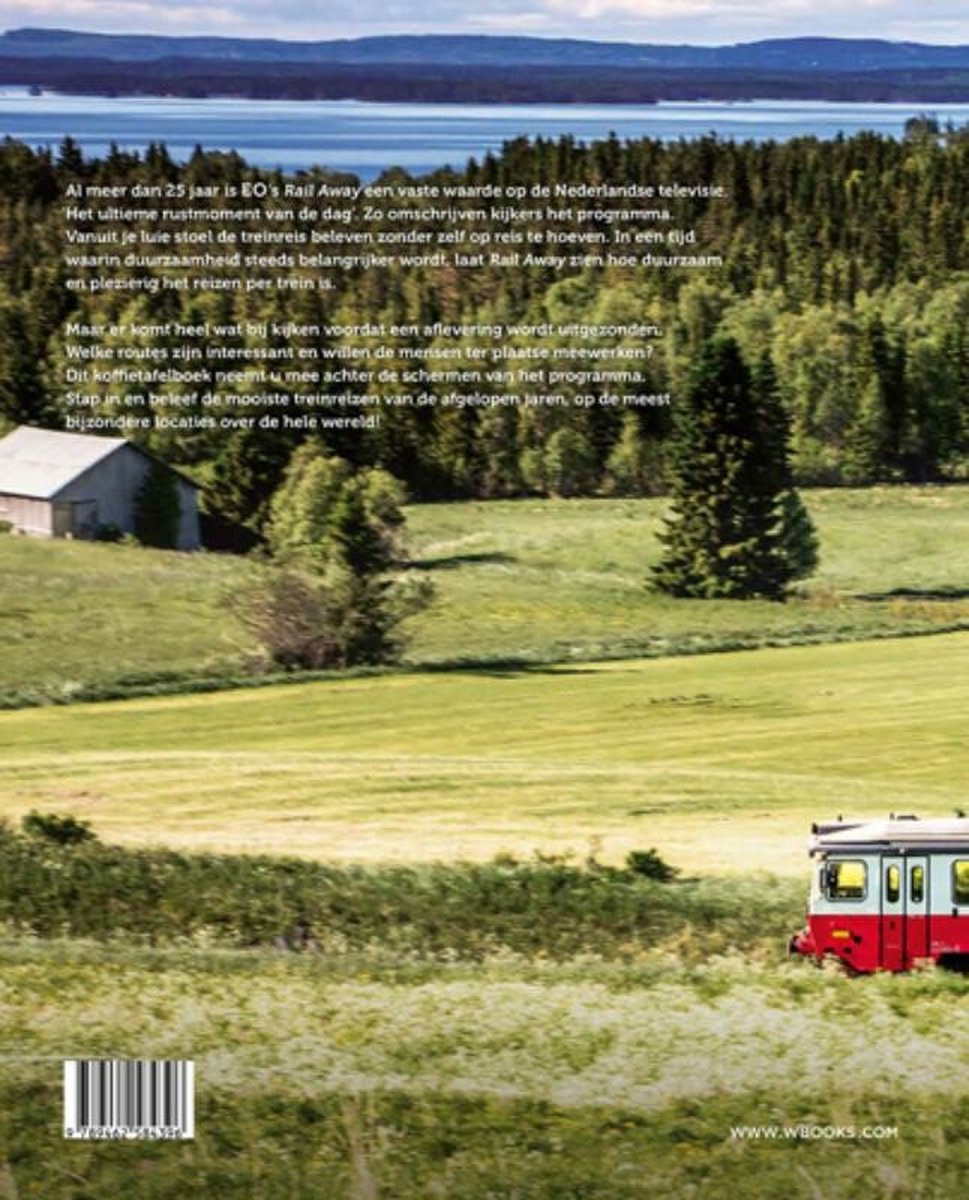 Achterkant boek "Het Grote Rail Away Boek" met een rode en grijze trein in een groen landschap met meer en bos.