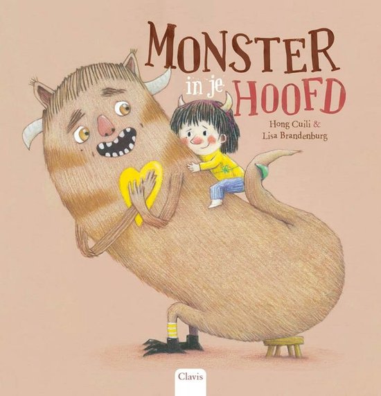 Een meisje met horens zit op de rug van een bruin, harig monster dat een geel hart vasthoudt.