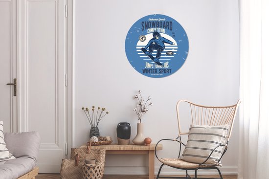 WallCircle - Stickers muraux - Cercle Papier Peint - Snowboard - Sports d'hiver - Rétro - 50x50 cm - Cercle Mural - Auto Adhésif - Autocollant Rond Papier Peint
