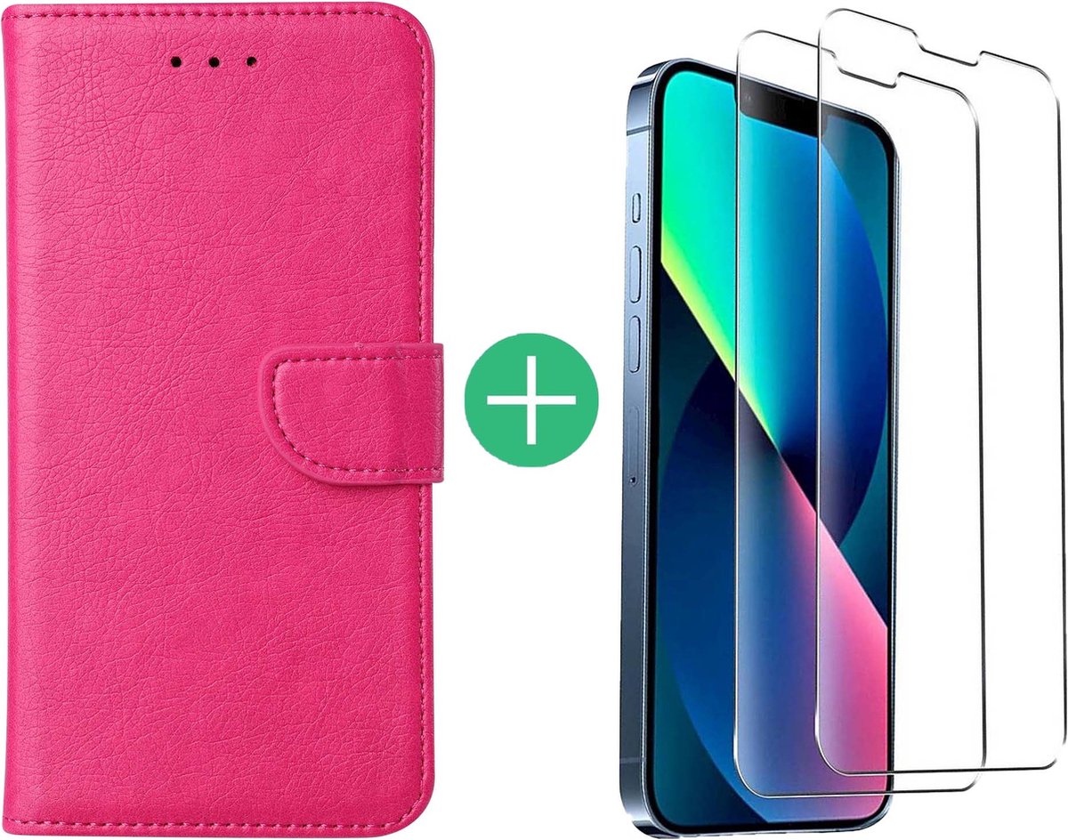 Hoesje Geschikt voor iPhone 13 bookcase met 2 Pack Screenprotector gehard glas – Pink
