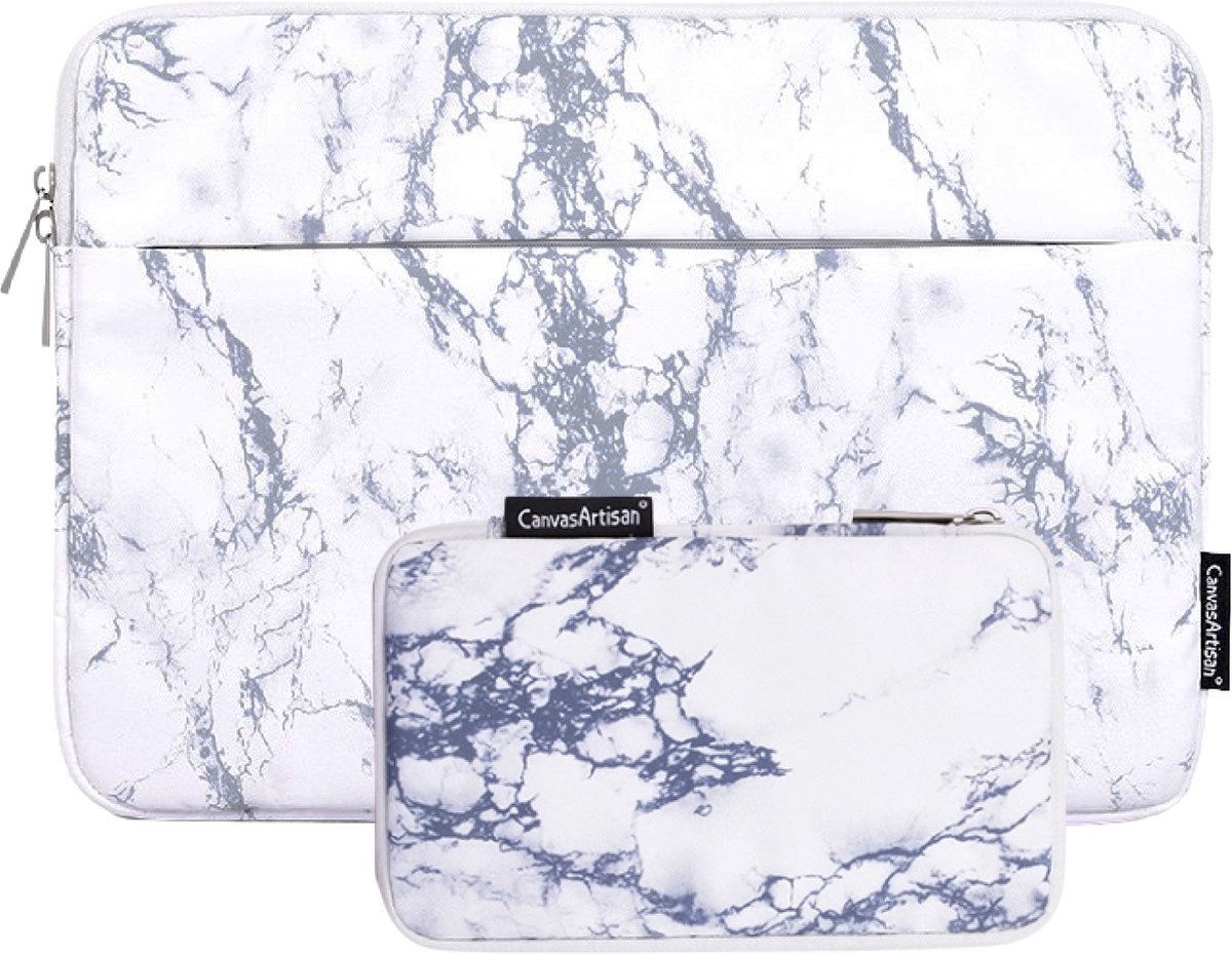 Laptop Sleeve 14 inch Marmer Wit + Accessoires Etui | Wit met Blauwgrijs - Marmer