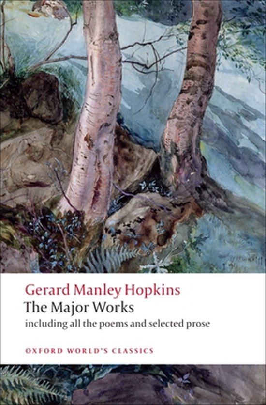 Boekomslag met de titel "The Major Works" van Gerard Manley Hopkins, met een aquarel van bomen en rotsen.